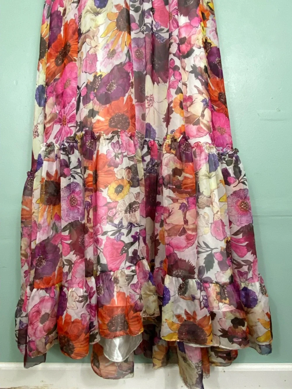 Mac Duggal Asymmetrical Ruffled Halter Gown Floral Maxi Dress Size 4 - Picture 4 of 13